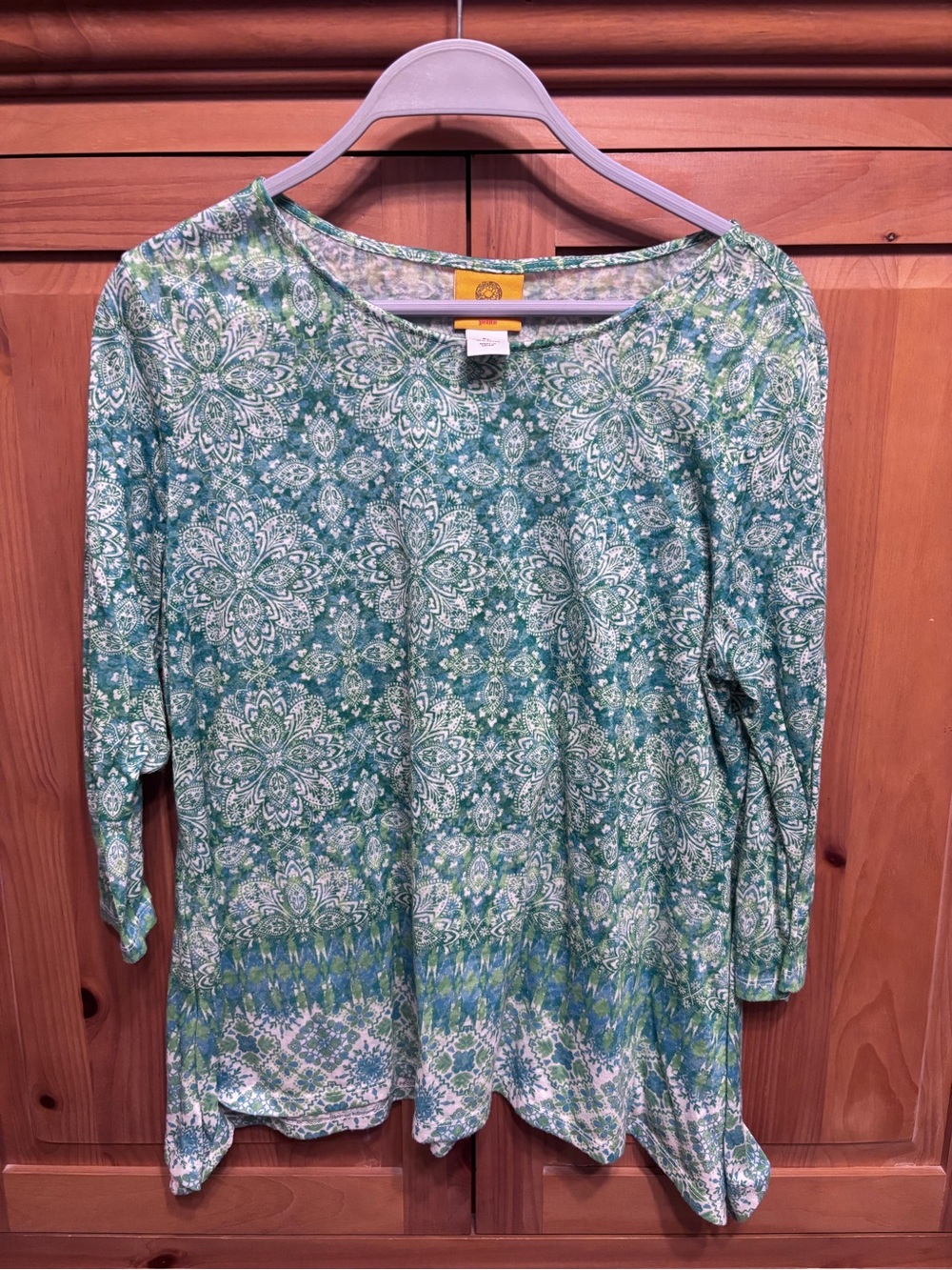 Ruby Rd. Teal-Green Floral Medallion Scoop Neck Long Sleeve Top